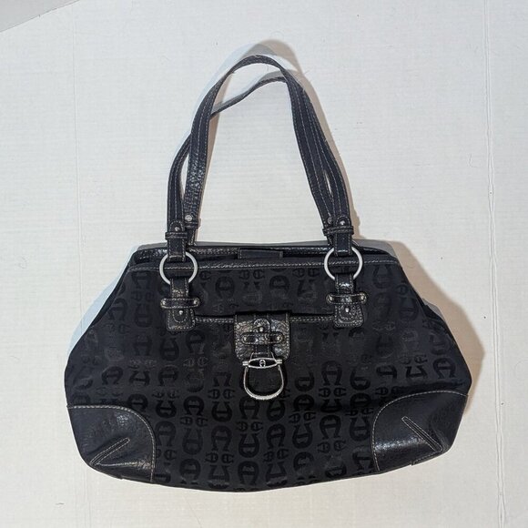 Etienne Aigner Core Collection Black Fabric Leather Logo Handbag Purse 57628 - Picture 6 of 11